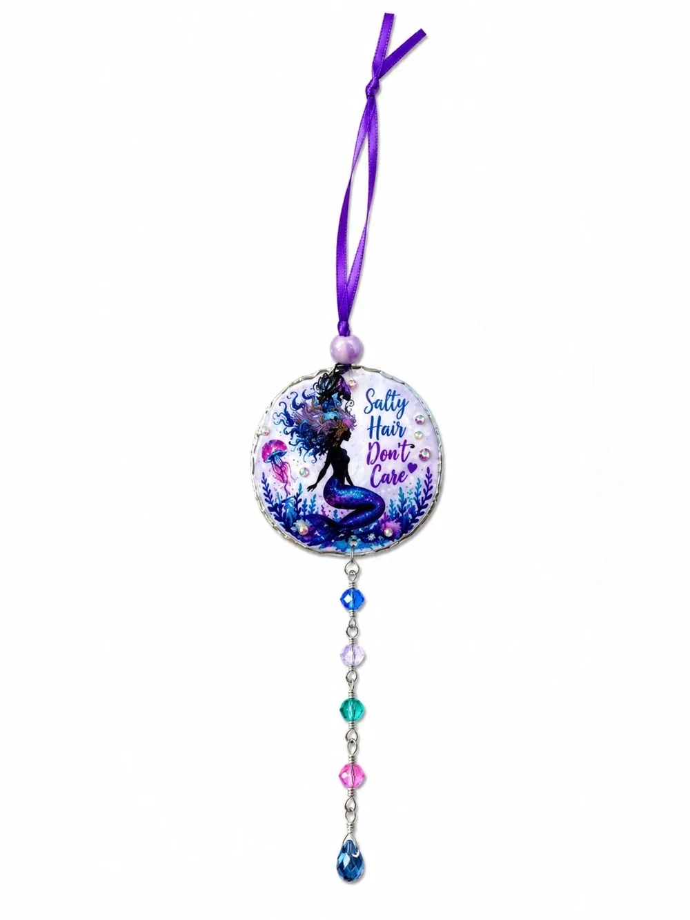 Decoupage Mermaid 'Salty Hair Don't Care' Purple Crystal Sand Dollar Suncatcher